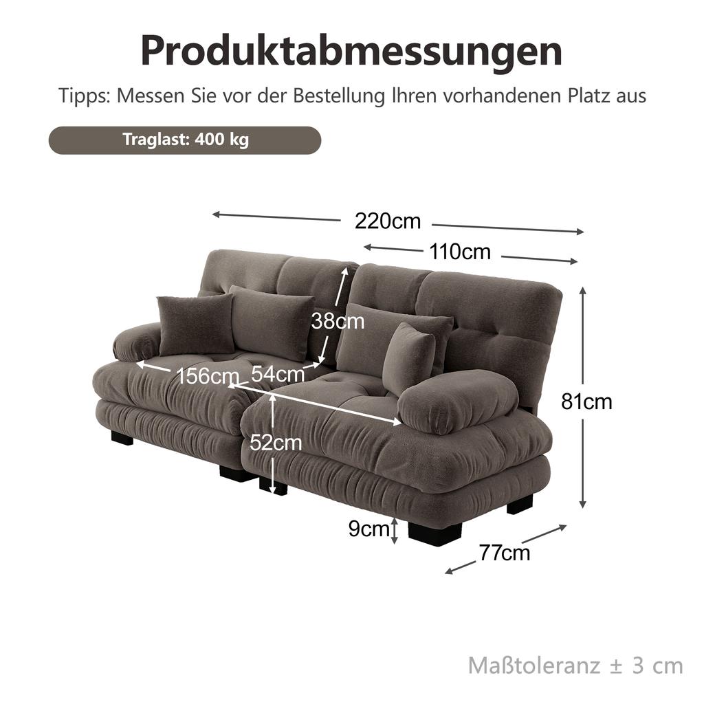 Cloud Corner Sofa for Living Room, Chenille Double Sofa with 2 Lumbar Pillows and 2 Decorative Pillows, Solid Wood Frame, Chenille Brown