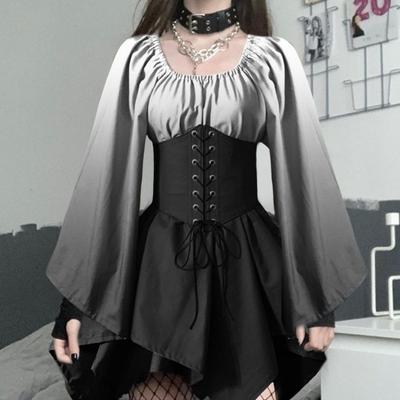 Women Halloween Cosplay Dress Irregular Hem Lace-up Strap Gothic Gradient Color Matching Medieval Vintage Bat Sleeves Performance Stage Show Dress