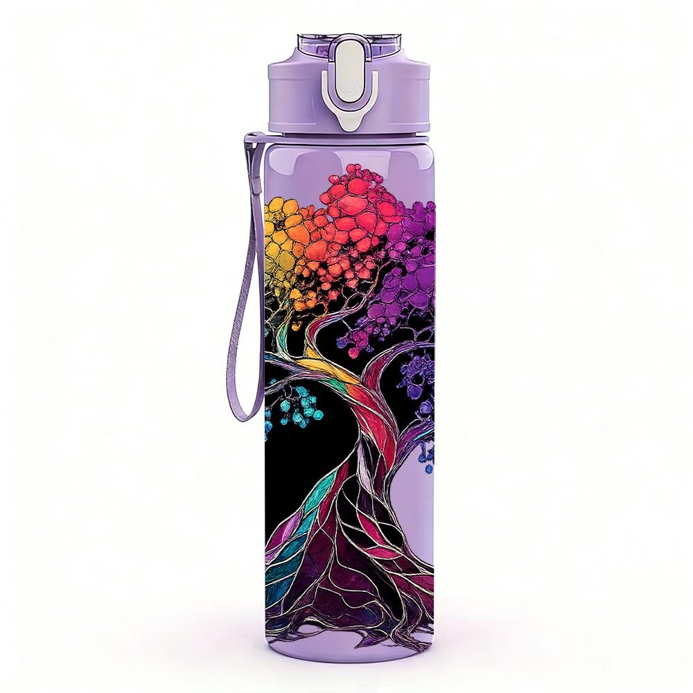 1PC Rainbow Root Tree Nature Art Print 750ml Color Plastic Sports Water Bottle Leakproof Flip Straw Lid Suitable for Sports Office Home Use