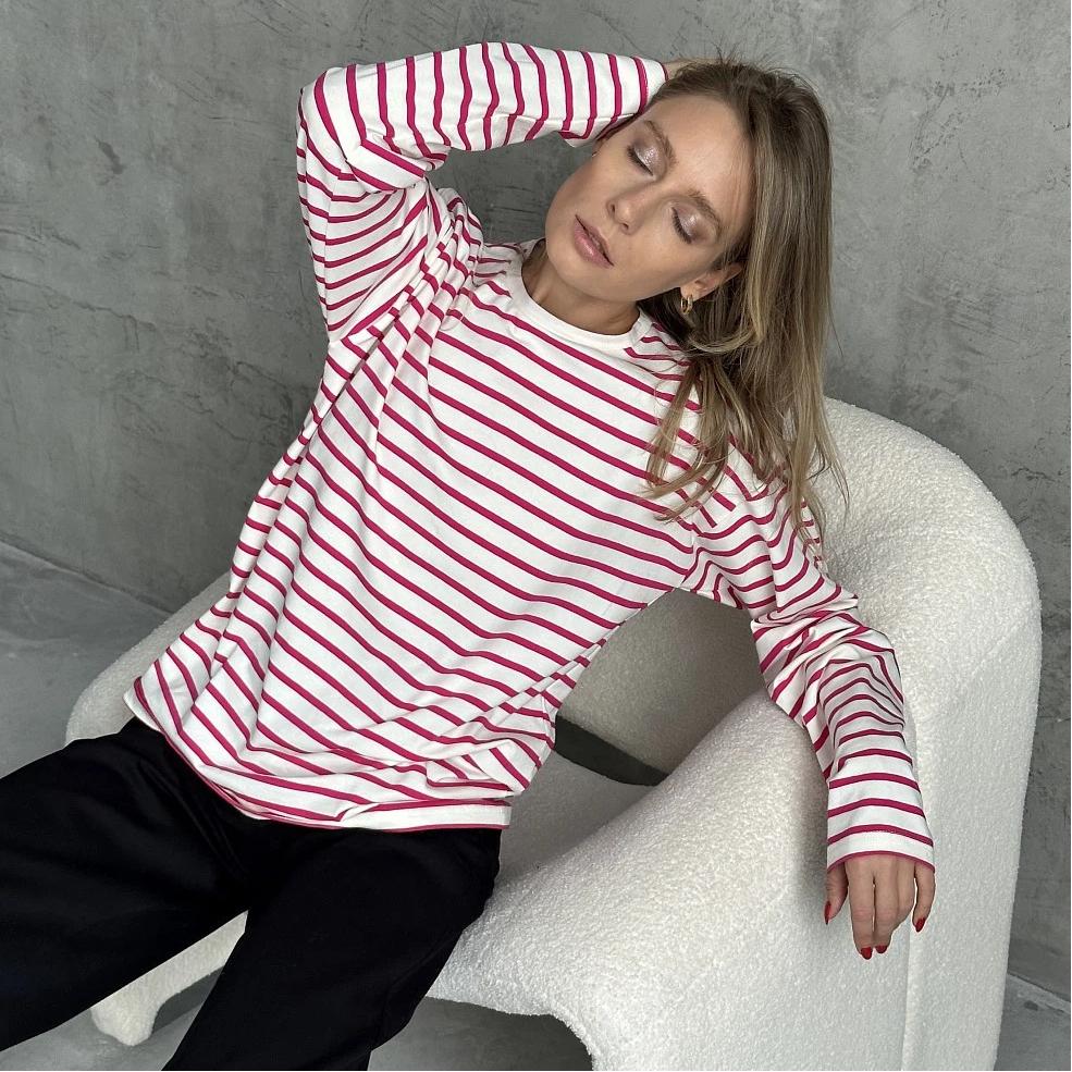 Long Sleeved Striped T-shirt Casual Round Neck Pure Cotton Striped T-shirt