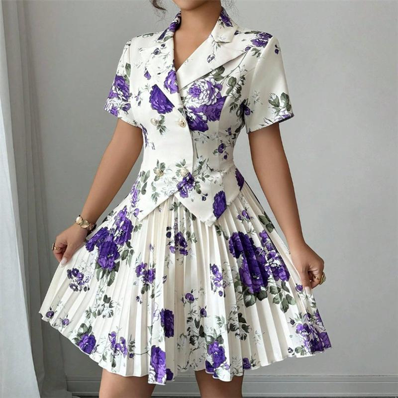 

Women Floral Blazer Outfit Short Sleeve Lapel Pleated Mini Skirt Set Elegant Vintage Rose Print Party Ensemble Dating & Evening L