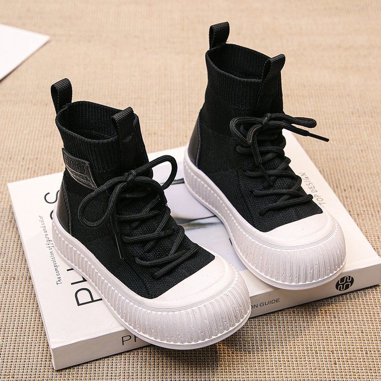 

Girls high-top knitted shoes short boots 2025 autumn new non-slip middle-aged and older children s fashion casual shoes versatile front lace-up 26