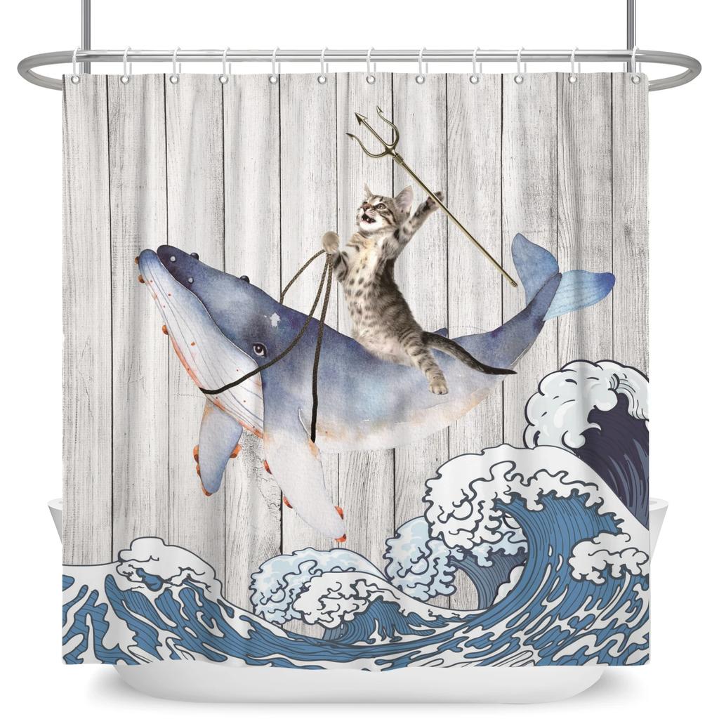 Hrdinský Velký bílý žralok s pistolí Kočka Vtipný sprchový závěs Pro kryt vany Kryt koupelny Koupání Extra velký Široký 12 ks háčků