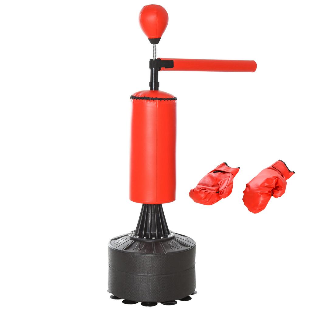 155-205 cm 3v1 Samostatný stojan na boxovací pytel, Boxerský rychlostní trenér s otočným flexibilním ramenem, Rychlostní míč, Plnitelná základna, Červený
