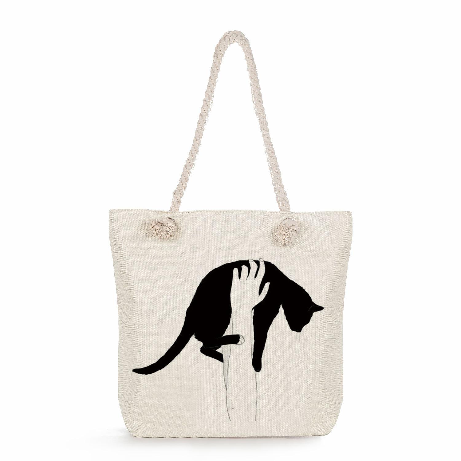 Ink painting cat print thick rope single-shoulder beach bag 7243