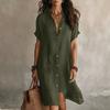 Vestido Chemise Midi Casual de Verão Feminino com Decote V, Manga Curta, Botões, Algodão e Linho