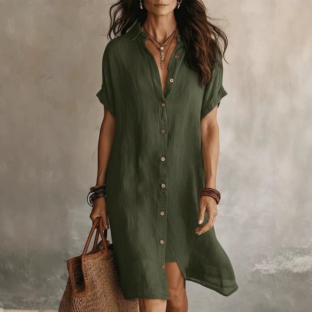 Vestido Chemise Midi Casual de Verão Feminino com Decote V, Manga Curta, Botões, Algodão e Linho