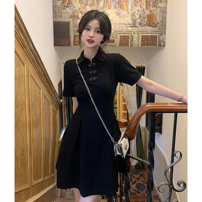 Coffee break black large size Hepburn style new Chinese style improved cheongsam dress children's short skirt summer design sense niche