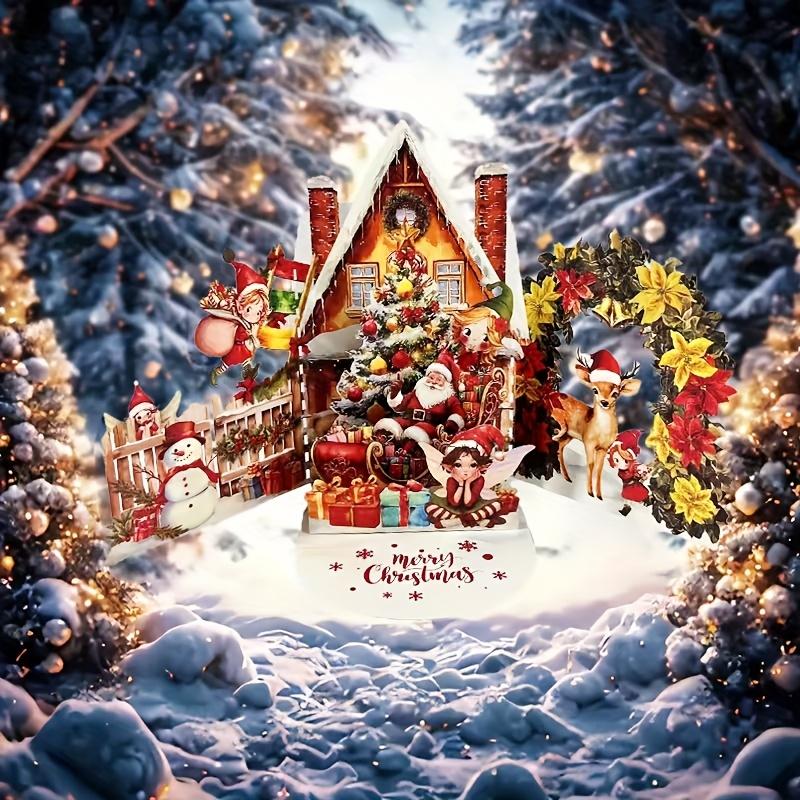 3D Christmas Card Night Before Christmas Scene with Santa Reindeer Snowy Village Moonlit Sky Festive Holiday Greeting Card Gifts
