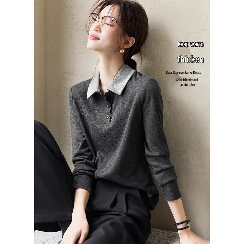 Mohanyimei Women s Color-Block Warm Turn-Down Collar Blouse M
