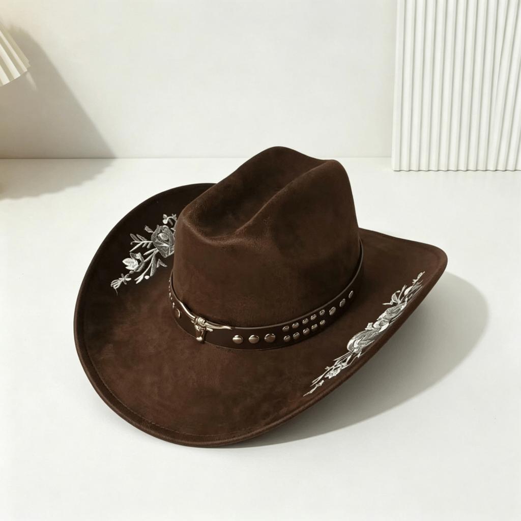 Cappello western da cowboy in camoscio ricamato alla moda, tesa larga, cintura con testa di toro decorativa, cappello da esterno, cilindro da donna