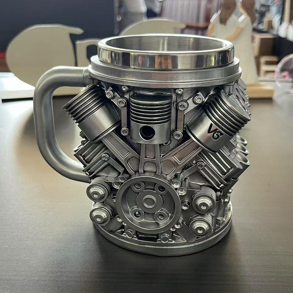 Creative V8 Engine Mug, Resin Stainless Steel Ornament, Car Lover Gift, Office Desk Decor, Unique Beer Cup