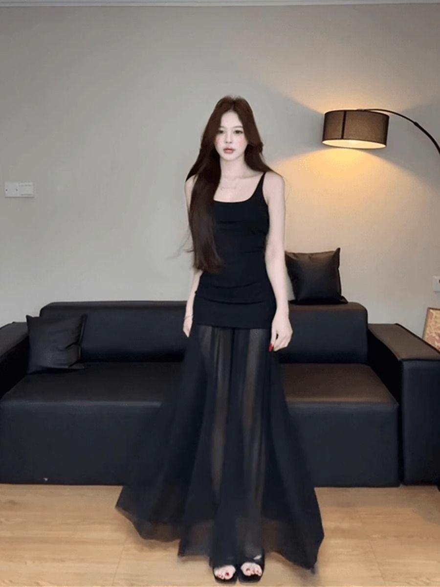Cold Art Department Mesh Splicing Knitted Suspender Skirt Women s Pure Desire U-Neck Elastic Shoulder Backless Waist Dress S чёрный