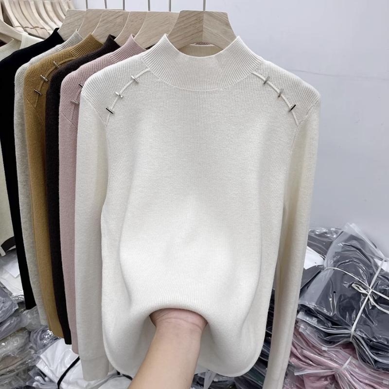 Autumn and Winter Half-high Collar Ribbed Knitted Shirt for Women with An Inner Layer Design Versatile Sweater Shirt