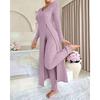 Herfst Winter Huis Casual Damespak Modieus Effen Kleur Ronde Kraag Super Lange Split Top Slimme Broek Tweedelig Pak