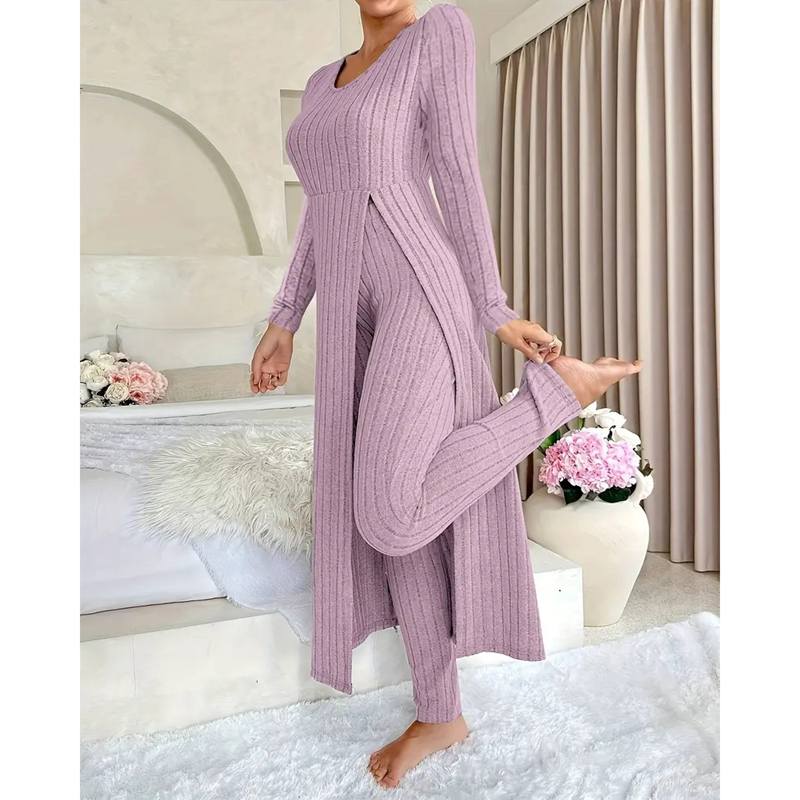 Herfst Winter Huis Casual Damespak Modieus Effen Kleur Ronde Kraag Super Lange Split Top Slimme Broek Tweedelig Pak