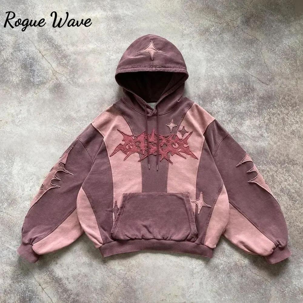 RogueWave Fashion Streetwear Vintage Black Star Patchwork Hoodie Oversized Embroidered Pullover Sweatshirt Gothic Y2k Men Women Clothing