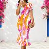 Women Plus Size V Neck Short Sleeve Fitted Striped Printed Fishtail Dress