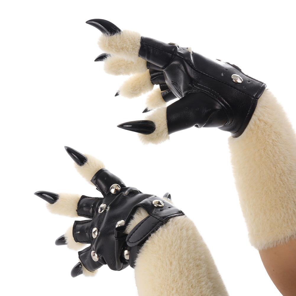 Punk Style Furry Animal Claw Gloves Handmade Leather Cosplay Props Decorative Protective Breathable Warm Winter Gloves