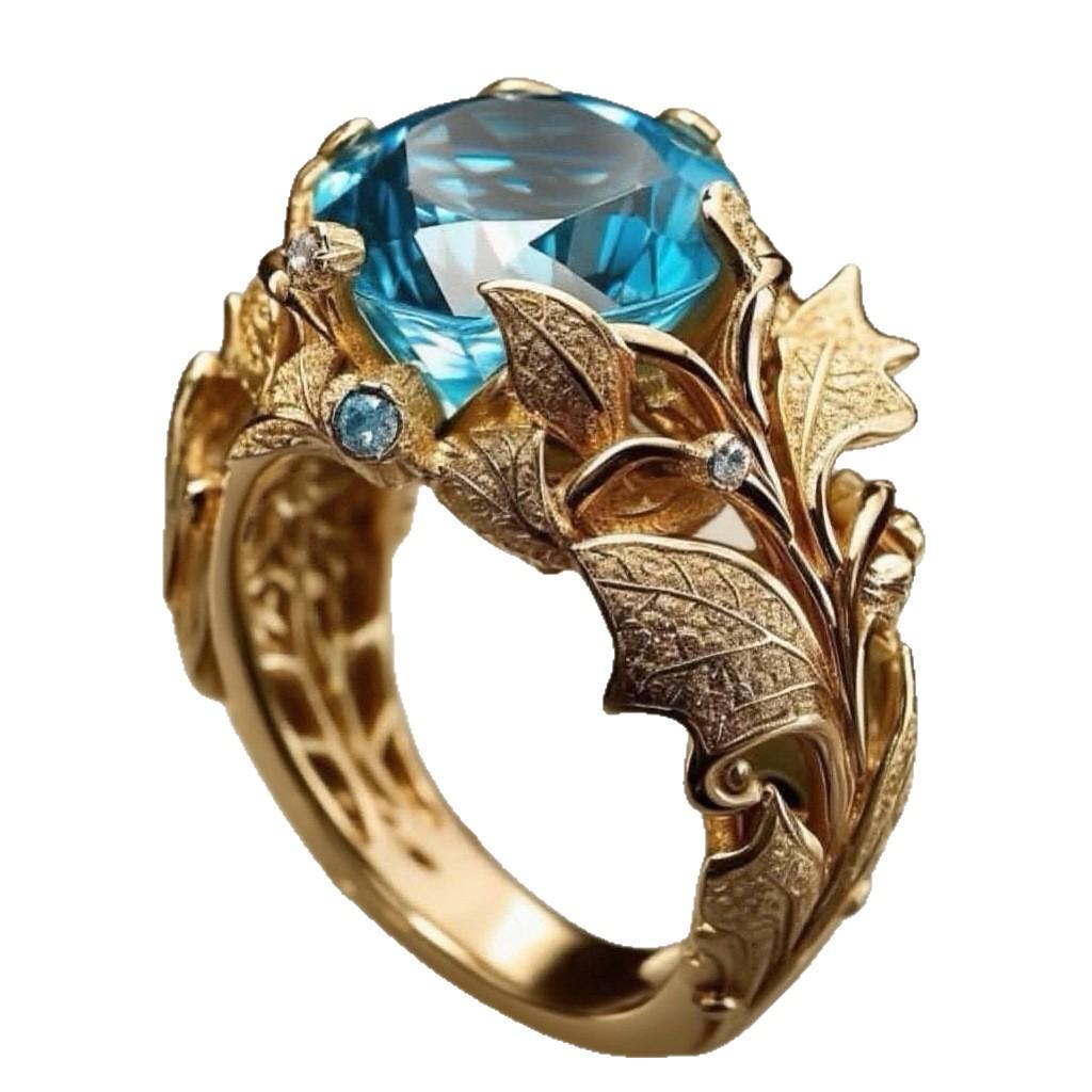 2025 Gold-Plated Ring with Lake Blue Stone - Women's Cross-Border Alloy Jewelry
