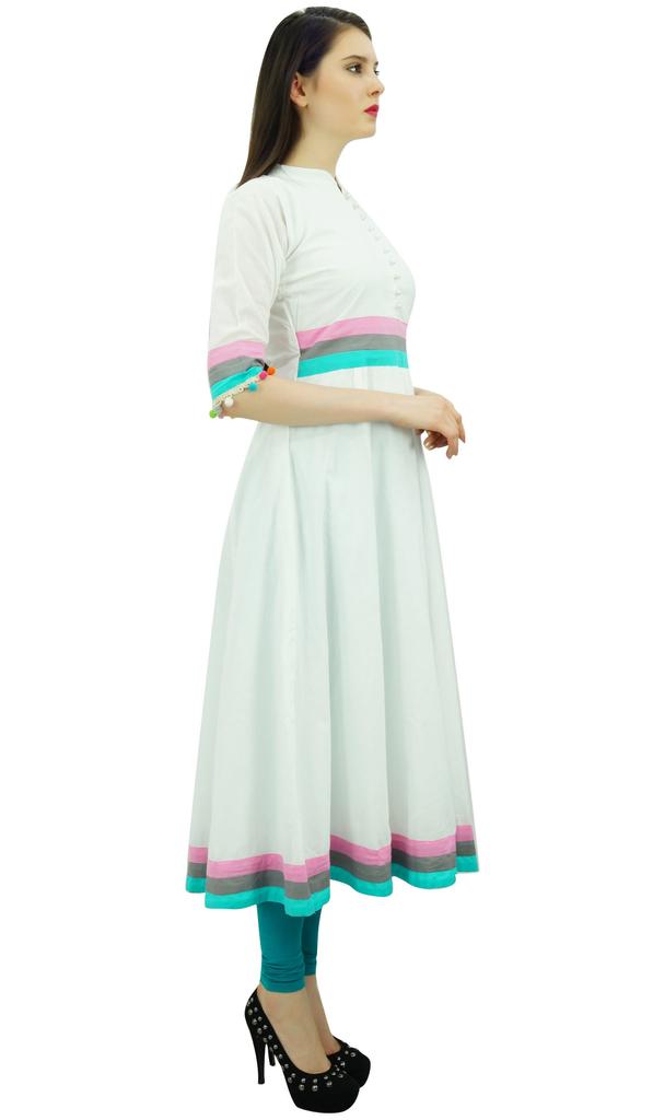 Bimba Womens Designer Cotton Kurta Long Flared Anarkali Kurti Dress With