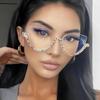:Diamond Cat Eye Sunglasses For Women Semi-Rimless Sun Glasses Crystal Frame Rhinestone EyewearLuxury Brand Designer