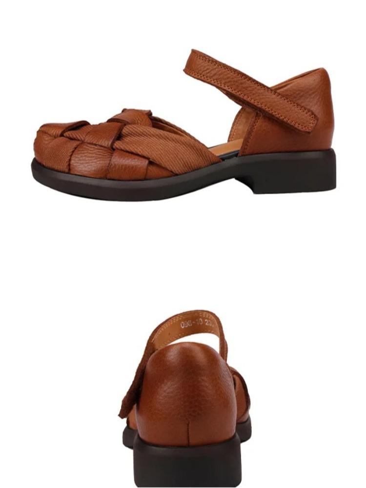 Johnature Vintage Woven Round Toe Sandals Soft Soled Comfortable Low Heeled Women's Shoes