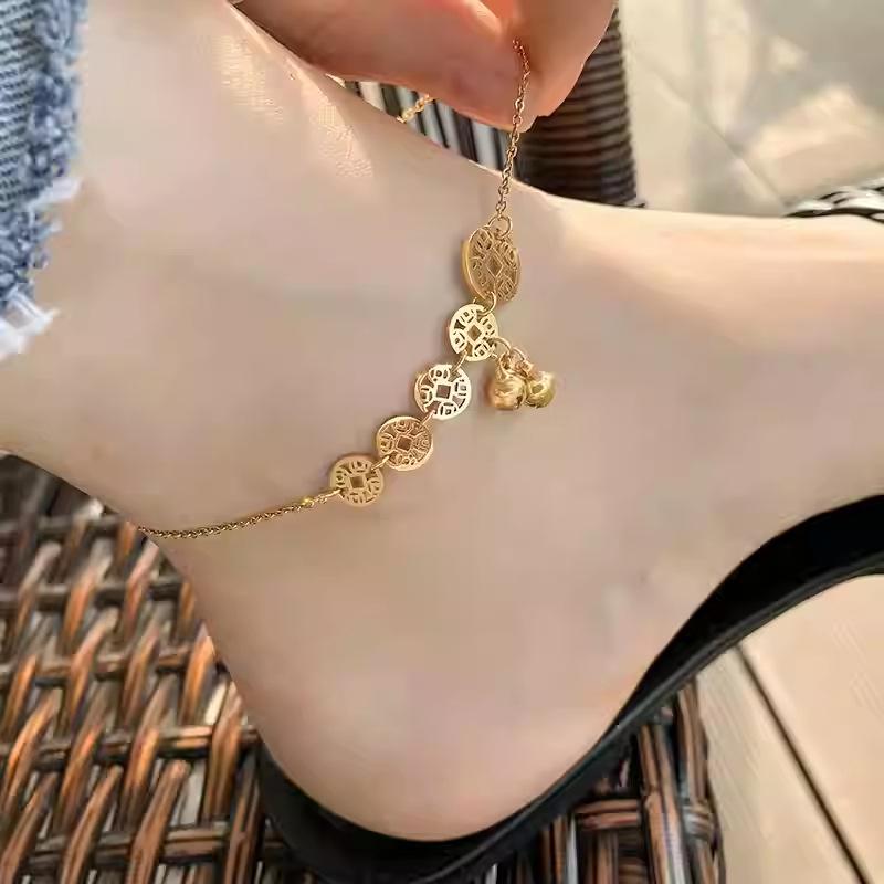 Titanium Steel Copper Coin Bell Fringed Bracelet New Chinese Light Luxury High-end Anklet Fashion Versatile Design Jewelry Women