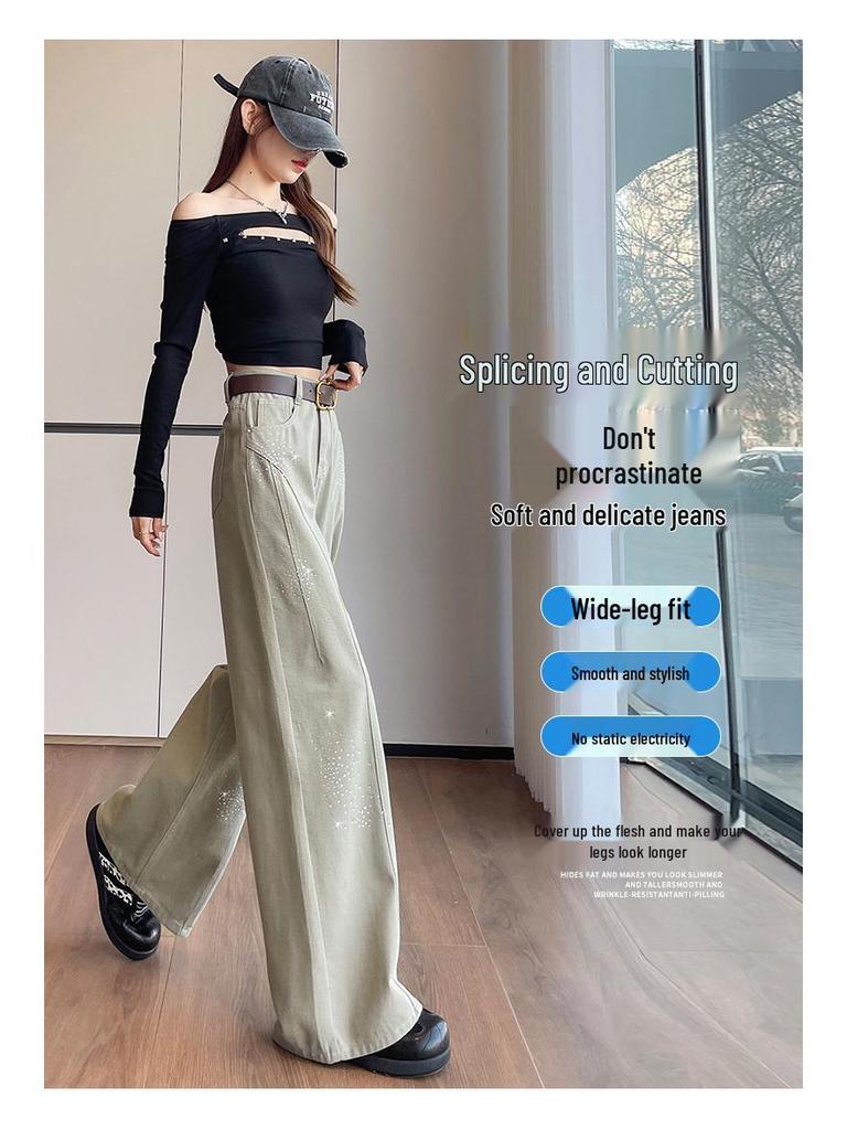 Women's Retro Fireworks Rhinestone Denim Jeans: Stylish Wide-Leg, Floor-Length Pants