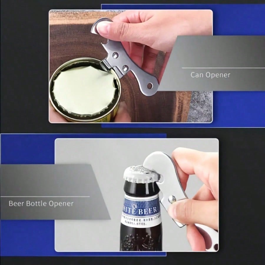A Stainless Steel Manual Can Opener, Multi Function Can Opener With Ergonomic Grip, Integrated Cap Opener, Kitchen Tools