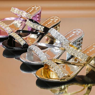 Spring/Summer New Women's Rhinestone Round Toe Wide Fit Mid Block Heel Sandals - Cushioned Comfort, Beach Casual & Shiny Durable Design