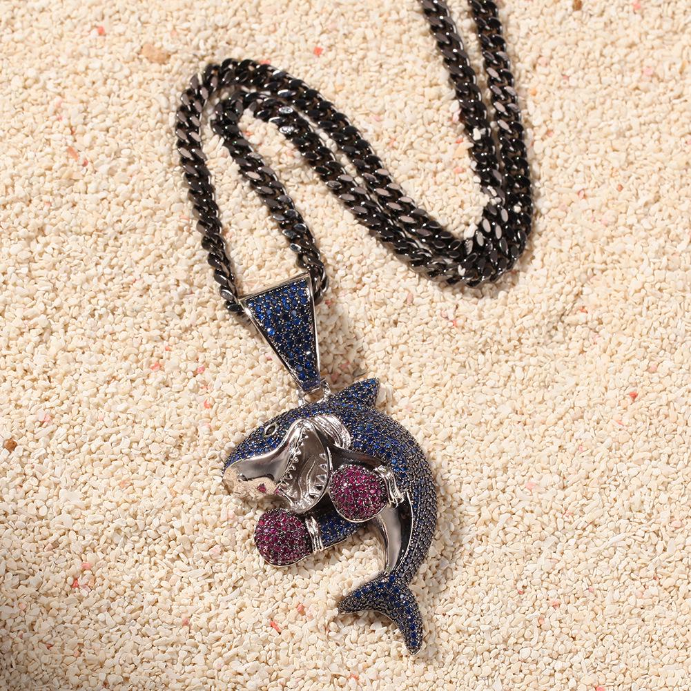 Boxing Shark Zircon Pendant Gun Black Cuban Chain Versatile Personality Necklace Accessories Men