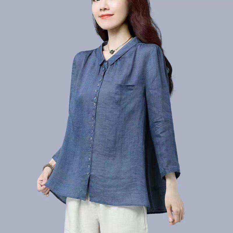 Women's Plus Size Nine-Sleeve Cotton Linen Ramie Top - Autumn 2025 Collection