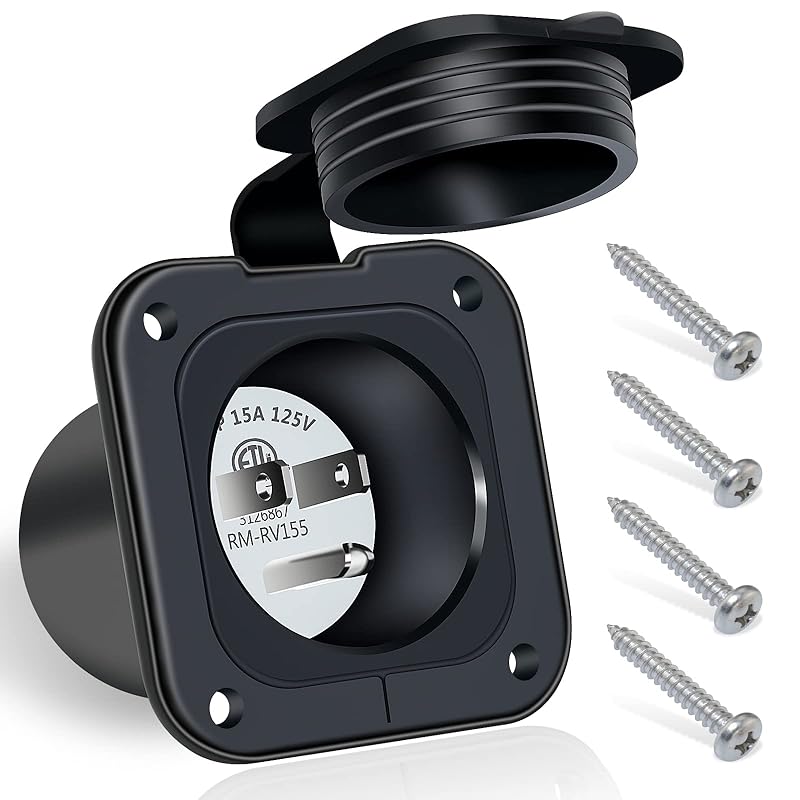 15 Amp Inlet, 125V Shore Power Inlet Power Inlet Port Plug NEMA 5-15P Male Receptacle RV Flanged Inlet With Waterproof Covers 2 Pole 3-Wire ETL