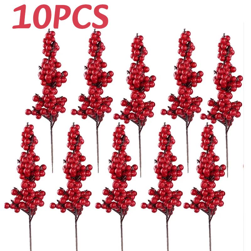 10PC Christmas Artificial Berries Branches Decor Xmas Red Berry Flowers Bouquet DIY Holiday Wreath Craft Home Party Ornament