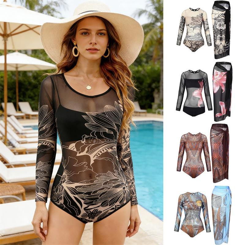New One-piece Swimsuit Women's Long-sleeved Tight-fitting High-elastic and Thin Sexy Gauze Skirt European and American Spot Women's Swimwear