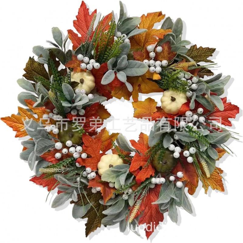 Harvest Wreath With Pumpkins Berries Vine Circle Halloween Thanksgiving Door Decor