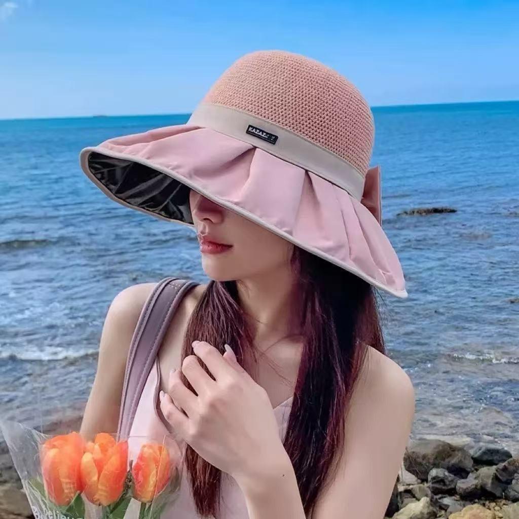 New summer versatile outdoor visor big brim bucket hat portable sunscreen sun hat bow women's hat