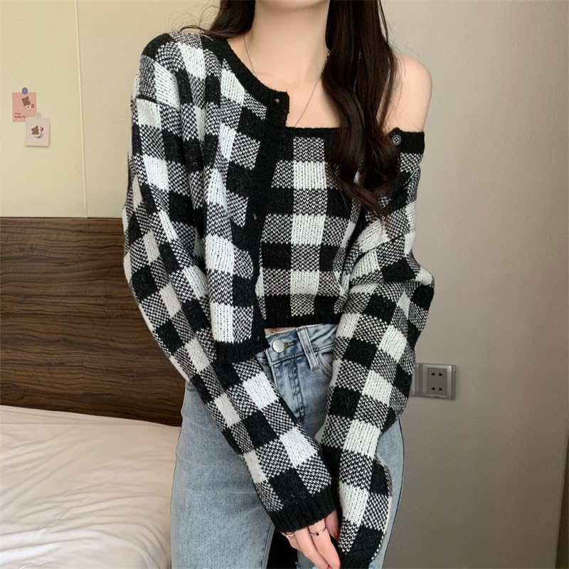 Korean Fashion Knit Long Sleeve Gingham Korean Short [KOREARU] Women's Sweater, Check, Camisole/Cardigan Set, Flattering, Stylish, Cute, Clothing,