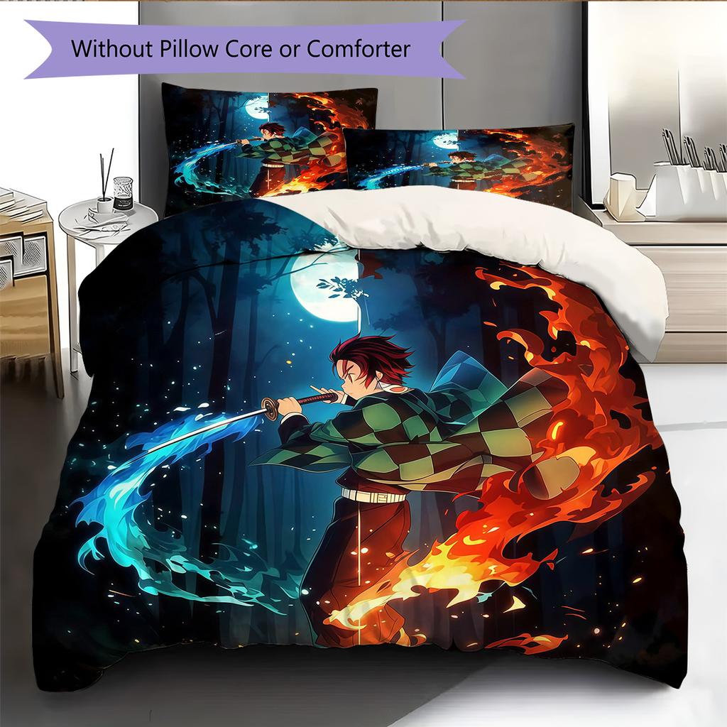 Demon Slayer Kimetsu No Yaiba Pattern Bedding Quilt Set Home Decoration Gift (1 * Duvet Cover + 2 * Pillowcase Without Core)