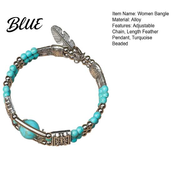 Bangle Women Bangle Adjustable Chain Length Bracelet Feather Pendant Turquoise