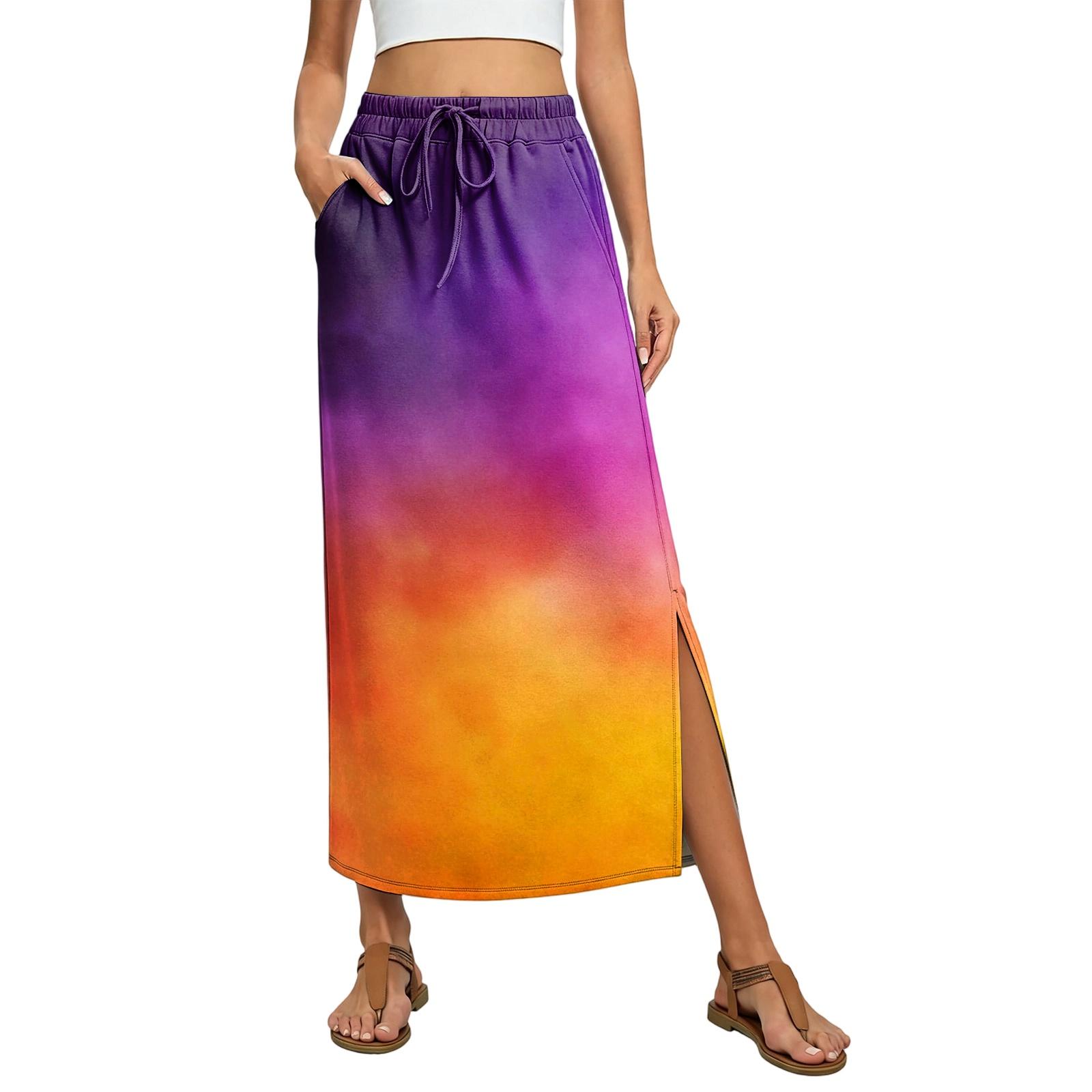 

Ladies striped printed elastic waistband drawstring pocket skirt XL шафрановий
