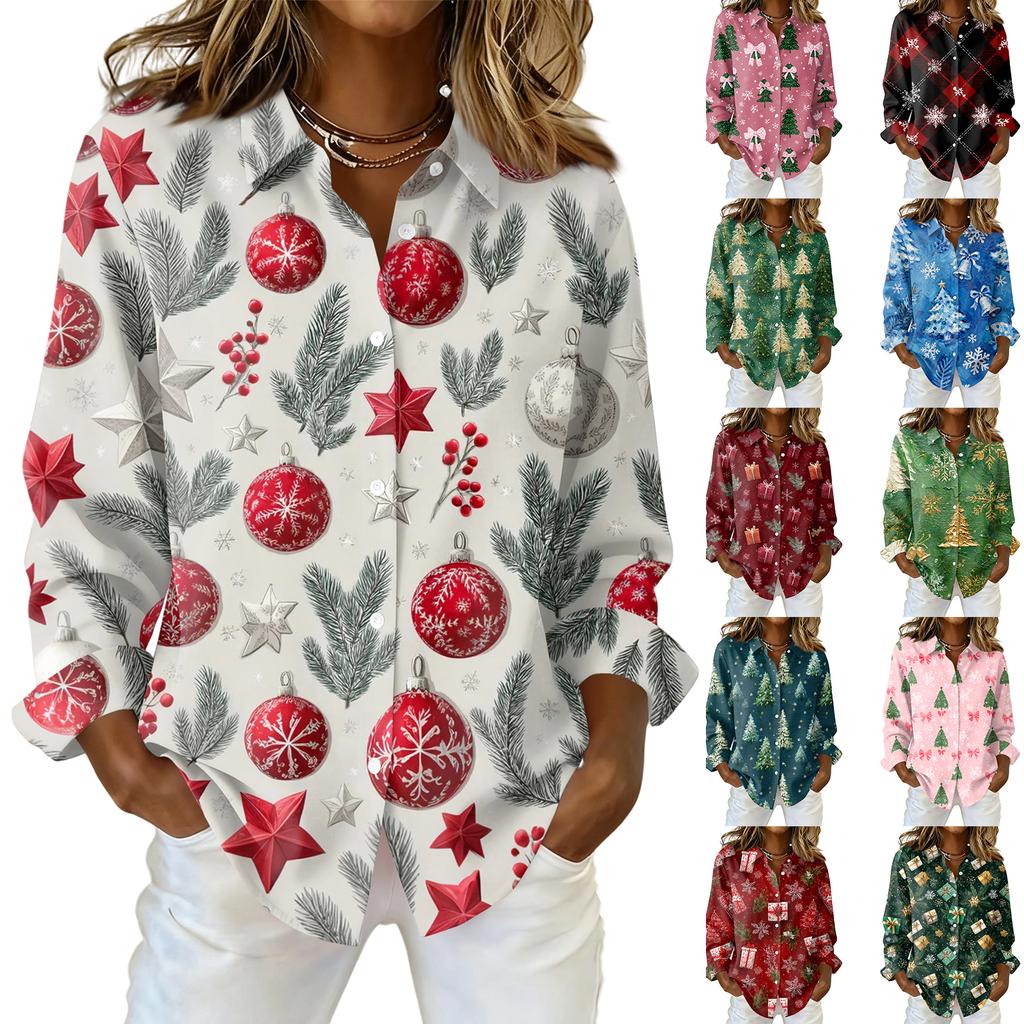 Women's Christmas Printed Button Up Long Sleeved Casual Regular Shirt With Collar Top