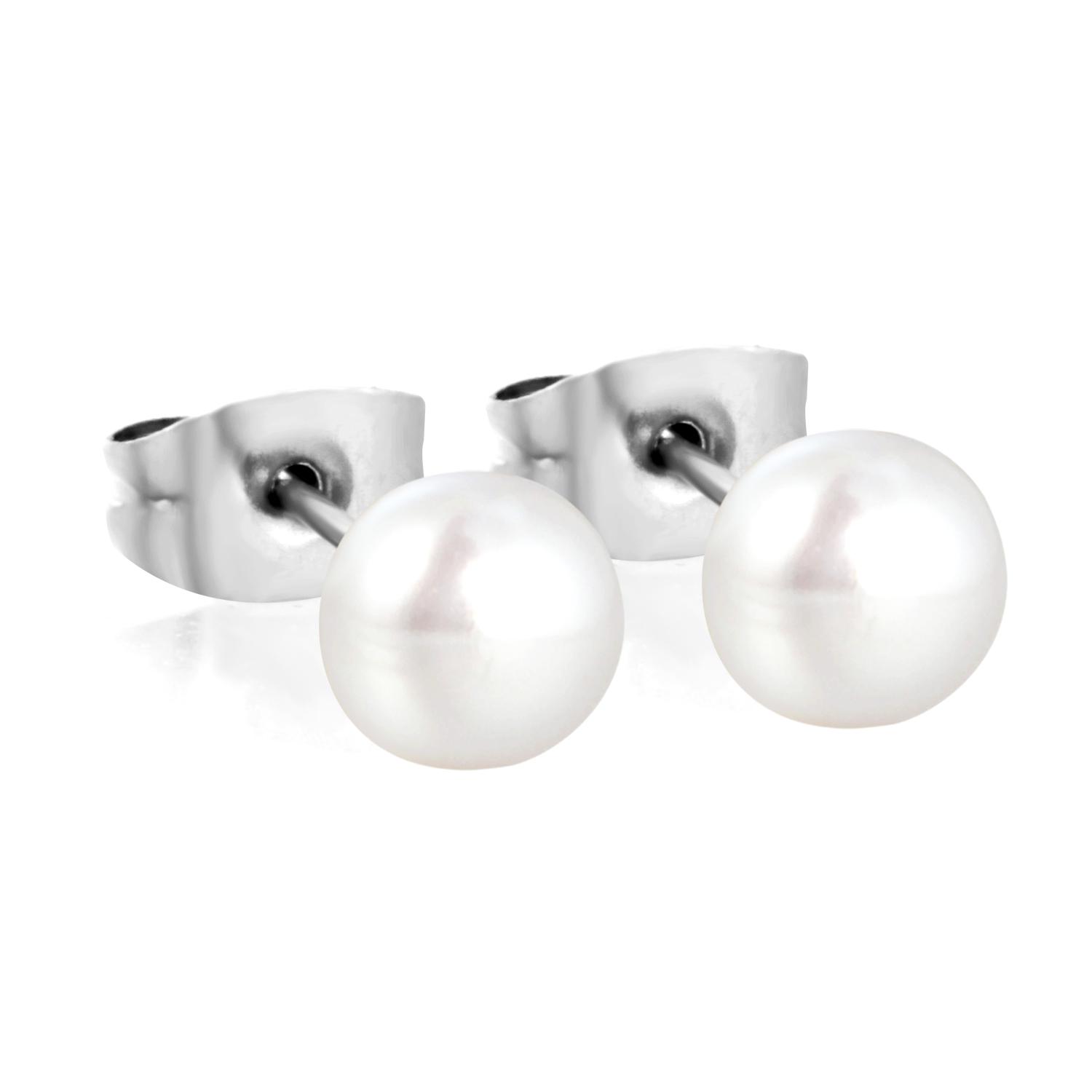 

Elegant Woman Mother Natural Pearl Stud Earrings Titanium Steel Round White Pearl Piecing for Girls/Woman Teenager Birthday Gift 3MM