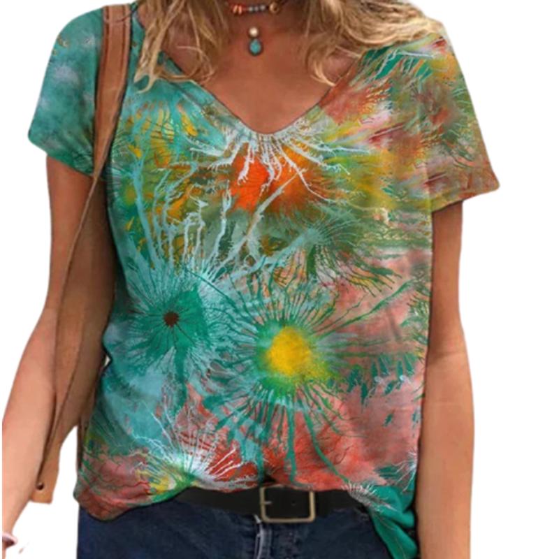 Fashion Spring  Multicolored Print Blouses Short Sleeved V-Neck T Shirts Casual