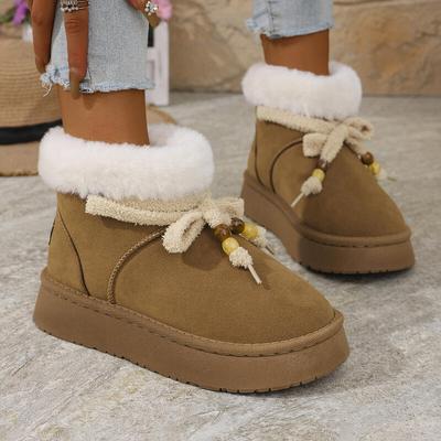 Mode Damen Dicke Sohle Pelzige Schneestiefel Winter 2025 Schnürung Schleife Pelz Stiefeletten Warm Kurzer Plüsch Designerschuhe für Frau