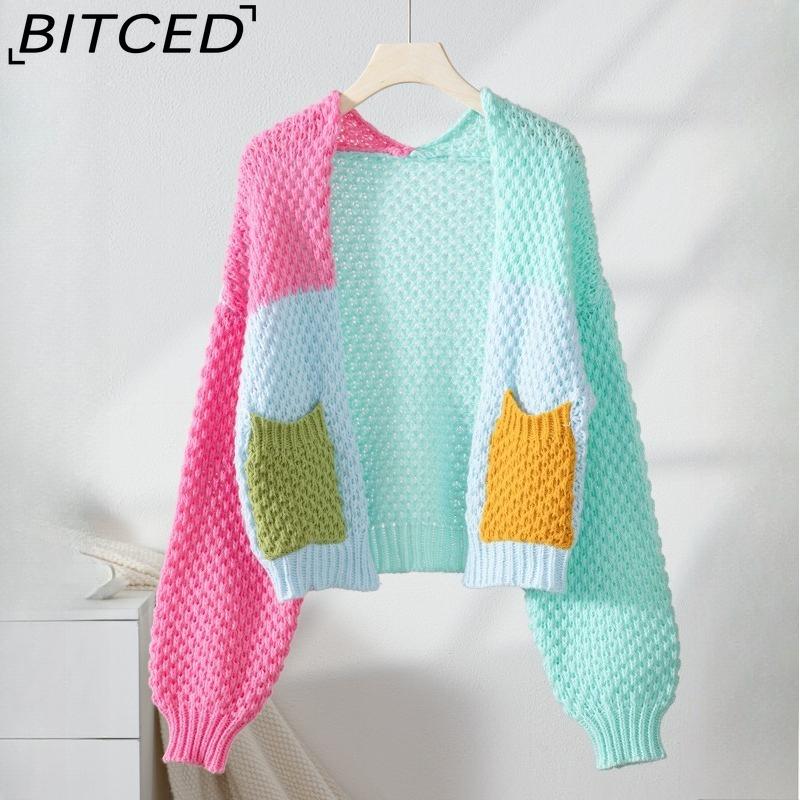 

BITCED Oversized Knit Pocket Cardigan Coat for Women Chunky Knit Contrast Colour Single-Breasted V-Neck Top XL зелёный