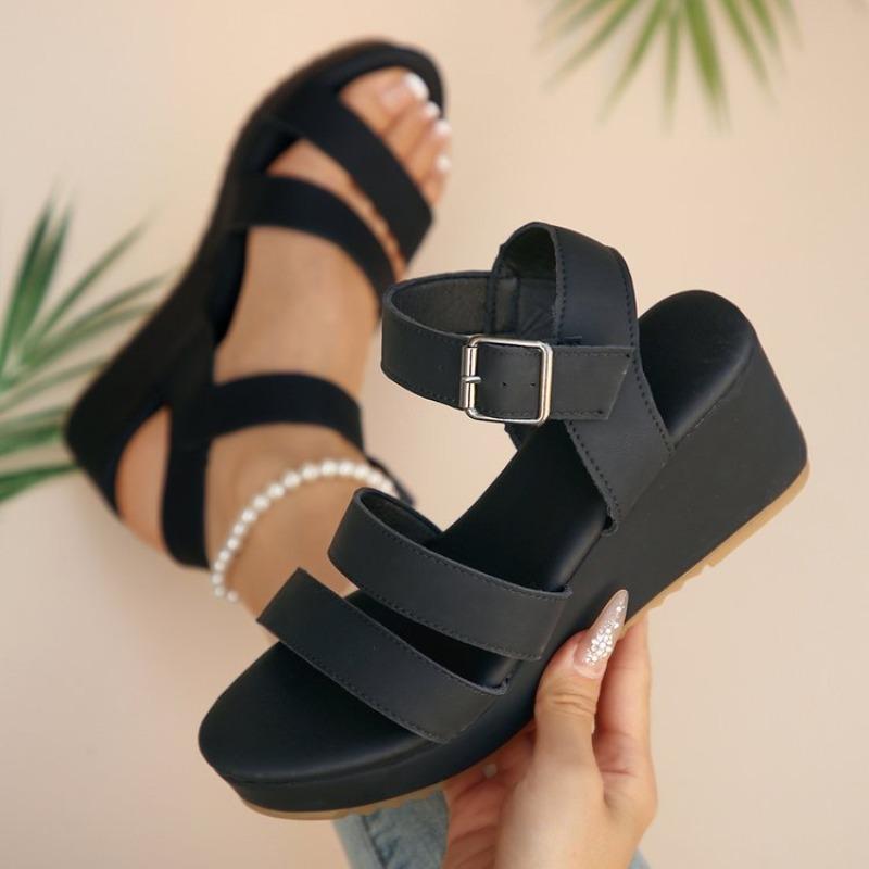 Summer New Wedge Heel Sandals for Women Open-toe Thick-soled Buckle Roman Sandals Non Slip Beach Shoes for Woman