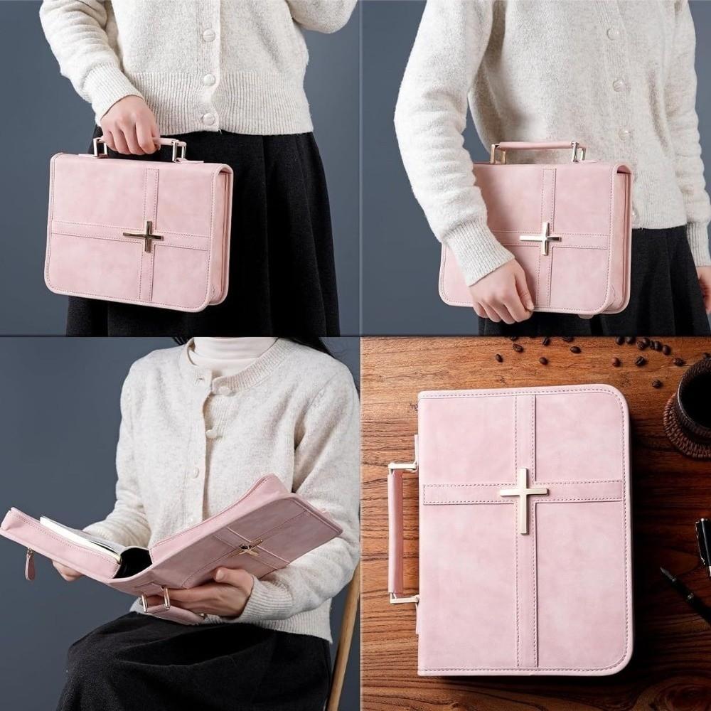 Cross-themed Vegan Leather Bible Cover Dust-proof with Phone Pocket PU Leather Bible Bag Built-in Bookmark Ribbon