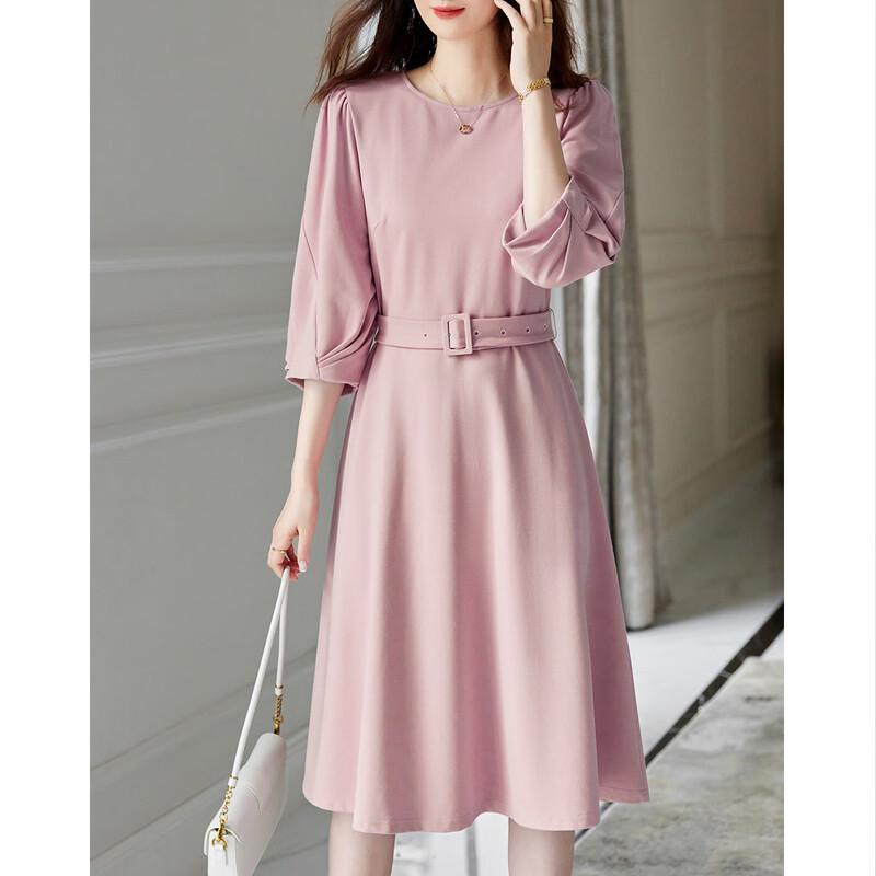 Demana Hepburn Style Round Neck Lantern Sleeve Mid-Length Dress